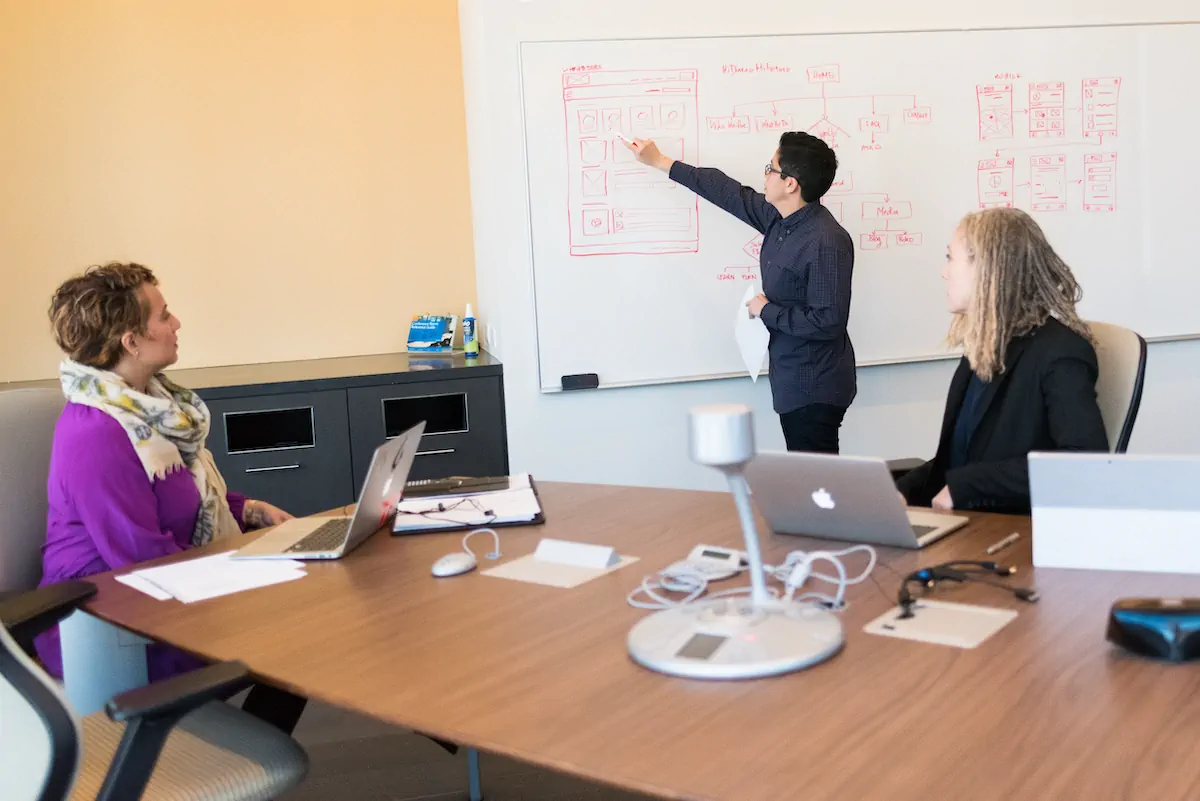 kaiomo_ Drei Personen in einem Besprechungsraum. Eine Person steht und zeigt auf ein Whiteboard mit Diagrammen und Text zum Thema Kundenbindung, während zwei andere mit Laptops und Papieren an einem Tisch sitzen.